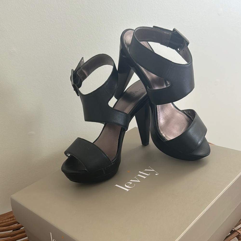 Levity Black High-Heeled Sandals with Ankle Straps